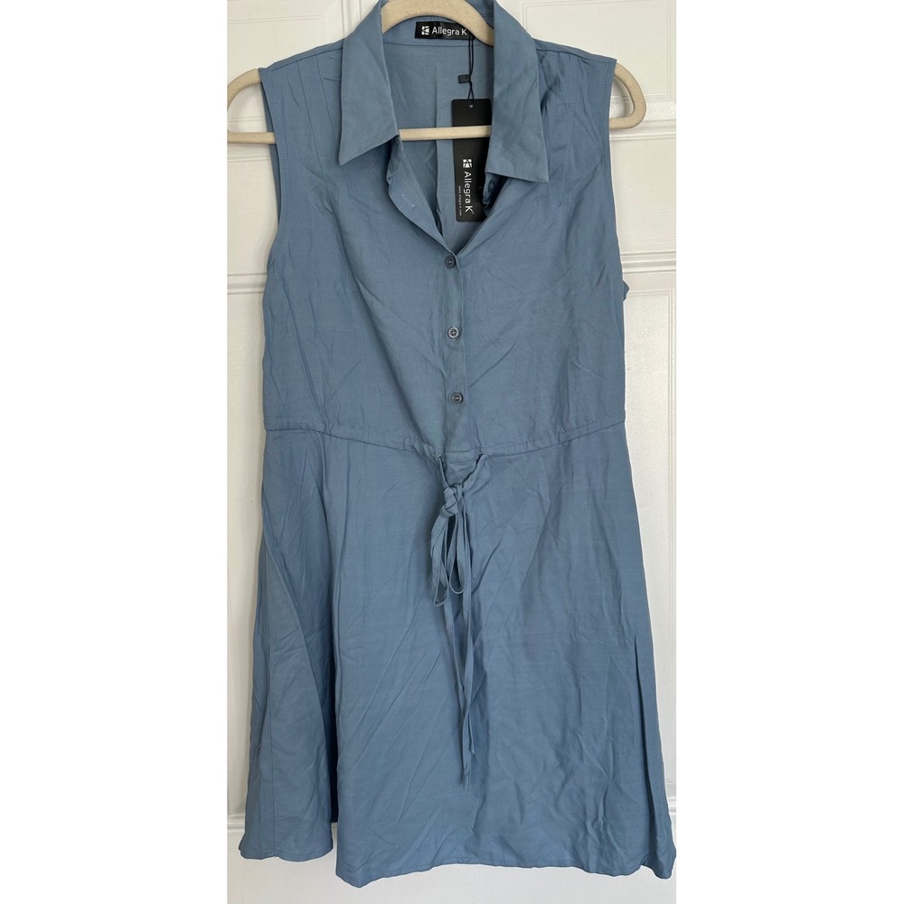 Allegra K Womens Blue Sleeveless Shirt Dress Drawstring Waist Size M NWT